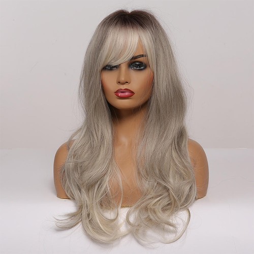 Grayish-white to dark gradient long wavy wig