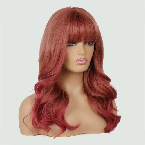 Reddish-brown gradient long wavy wig with bangs