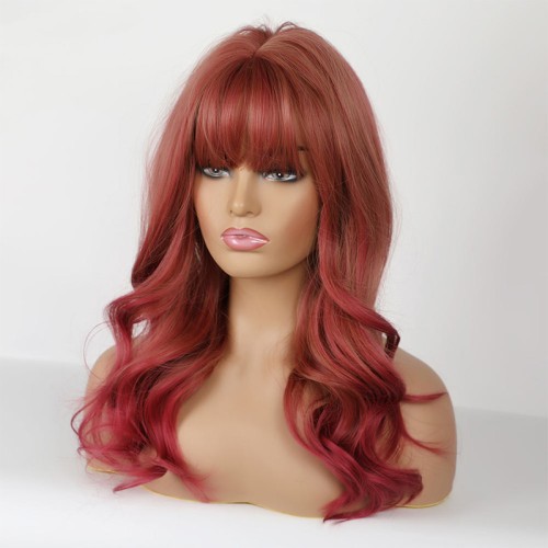 Reddish-brown gradient long wavy wig with bangs