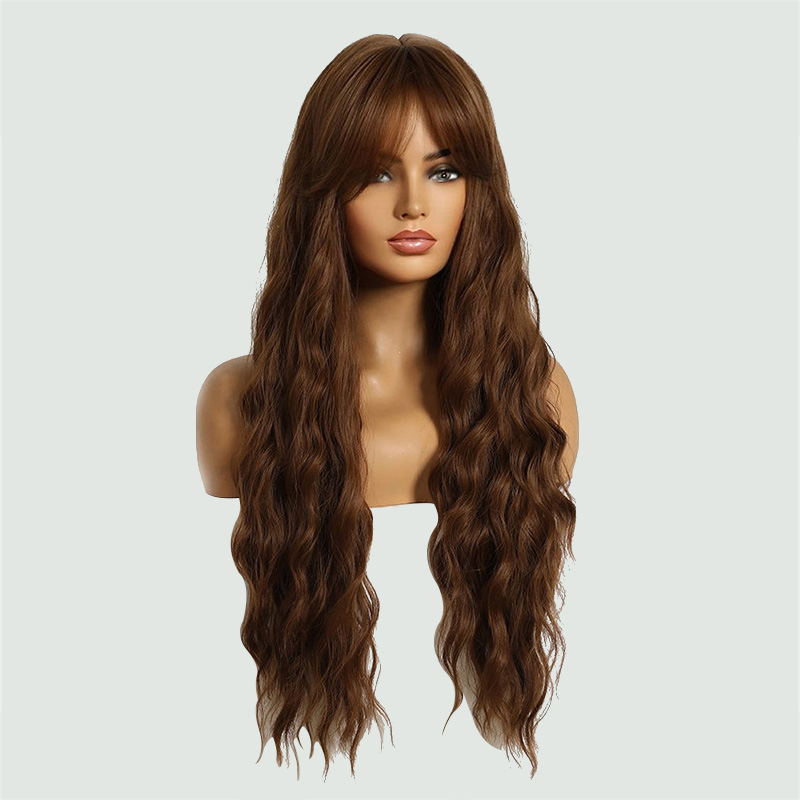 Brown wavy long curly wig with bangs