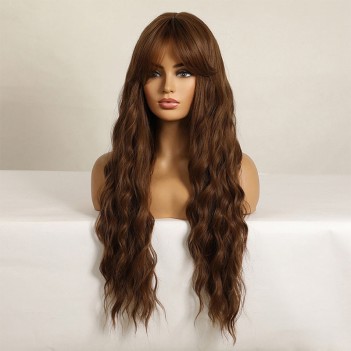 Brown wavy long curly wig with bangs