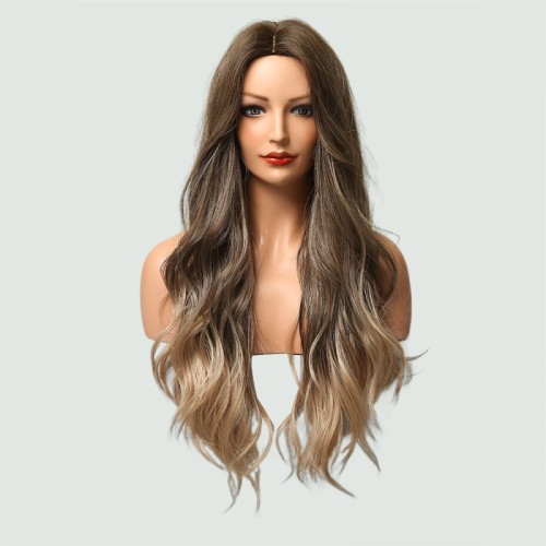 Long wavy serpentine-shaped heat-resistant synthetic wig