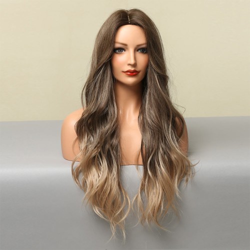 Long wavy serpentine-shaped heat-resistant synthetic wig