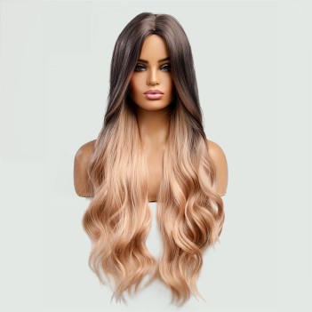 Brown and gold gradient long wavy synthetic wig