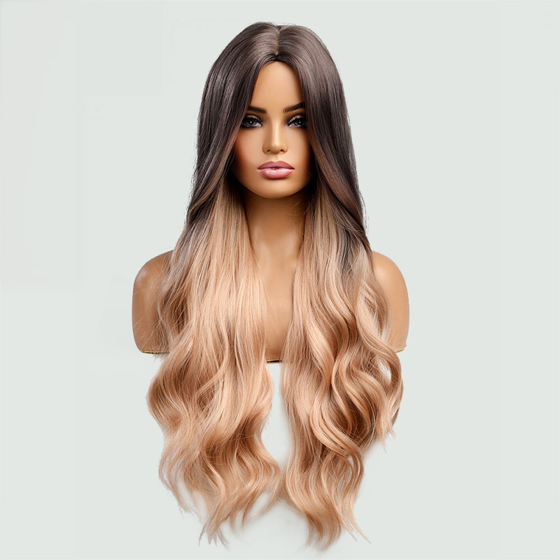 Brown and gold gradient long wavy synthetic wig