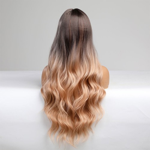 Brown and gold gradient long wavy synthetic wig