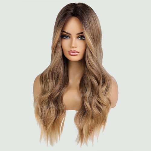 Golden brown center-parted long wavy wig