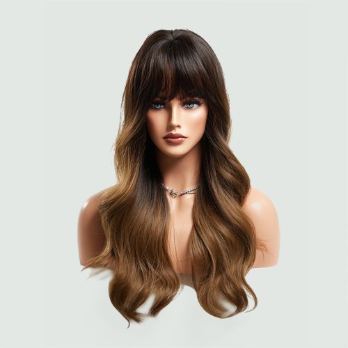 Brown long wavy wig with bangs