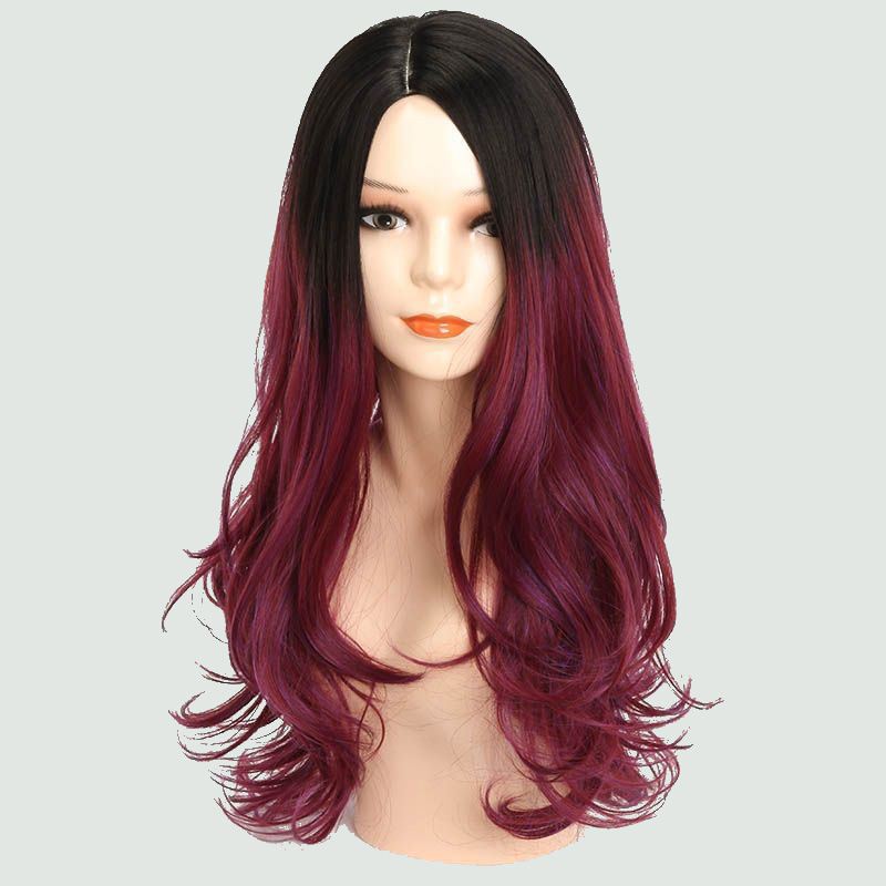 Ombre burgundy mid-length wavy wig