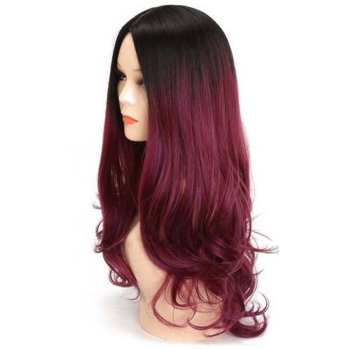 Ombre burgundy mid-length wavy wig