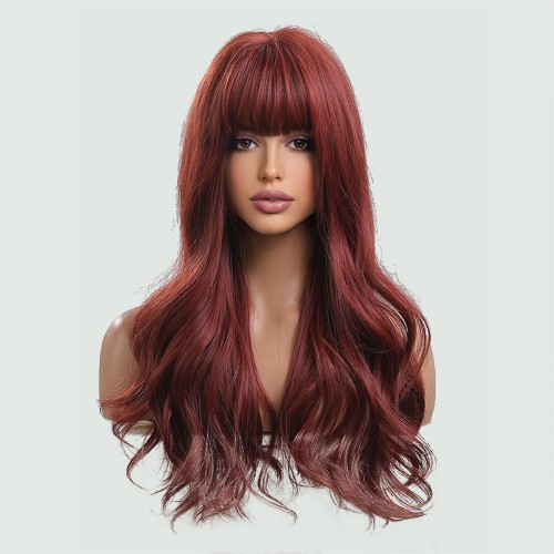 Burgundy long wavy wig with bangs