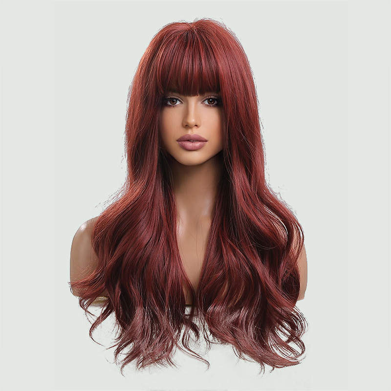 Burgundy long wavy wig with bangs