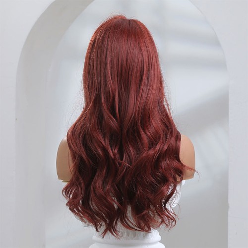 Burgundy long wavy wig with bangs