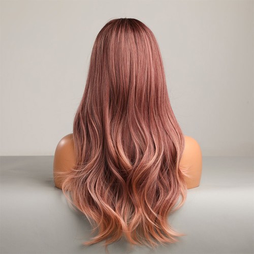 Pink and orange gradient long wavy wig