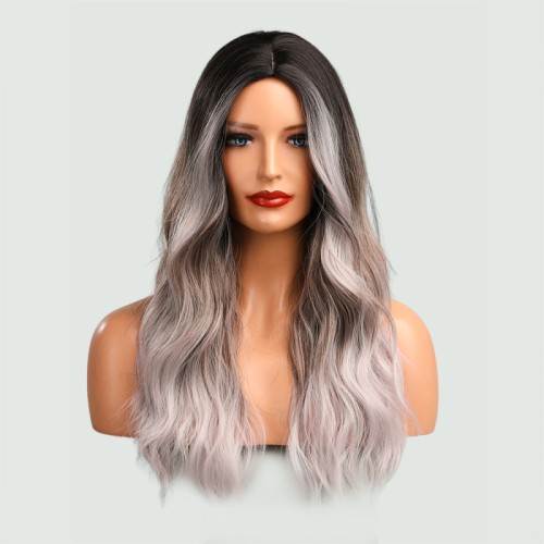 Gray and white gradient long wavy wig