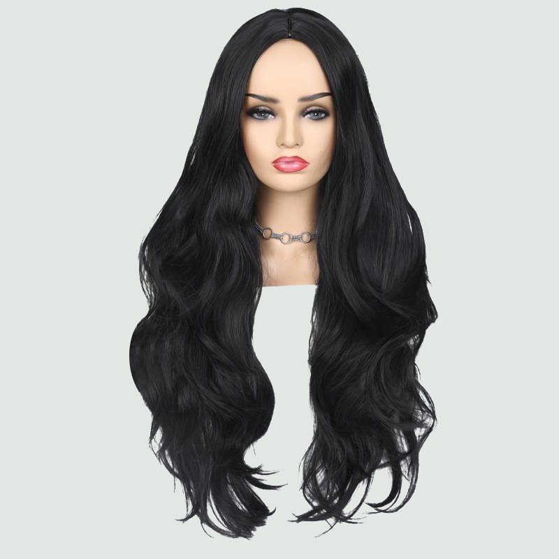Transparent front lace long wavy black wig