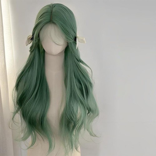 Mint green natural wavy long curly wig