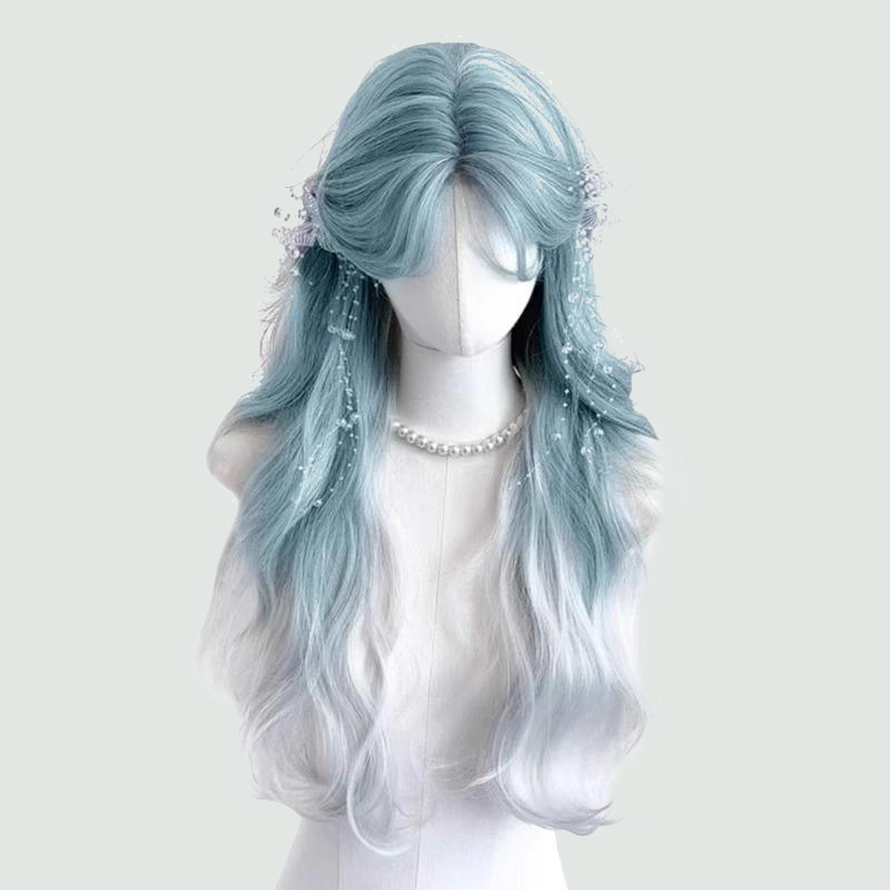 Ice blue gradient long wavy lace front wig
