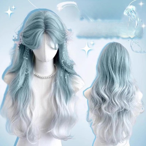 Ice blue gradient long wavy lace front wig